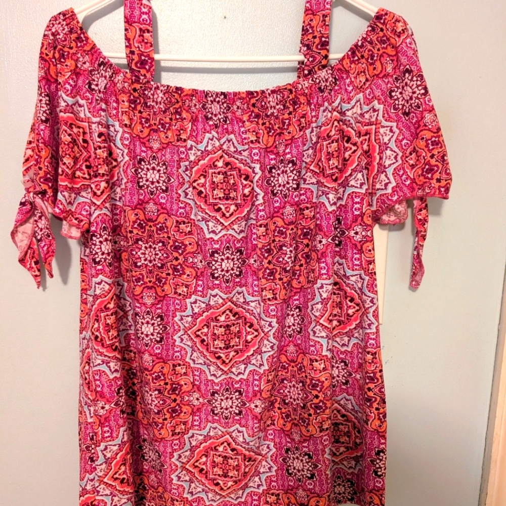 Vibrant Pink and Orange Off-Shoulder Dress